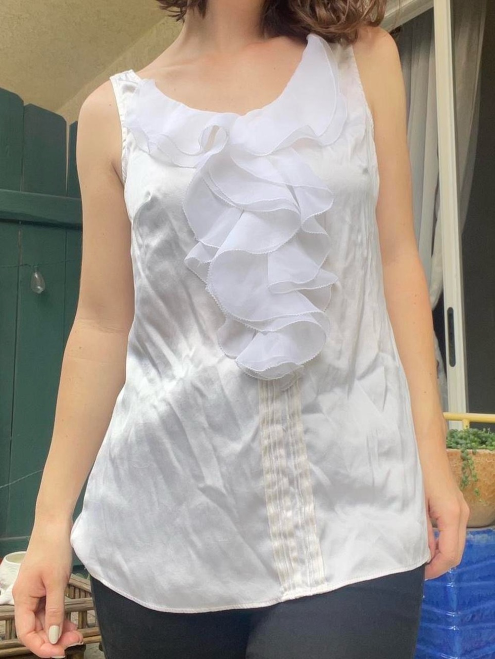 White Silk White House Black Market White Ruffle Front Sleeveless Top Tank